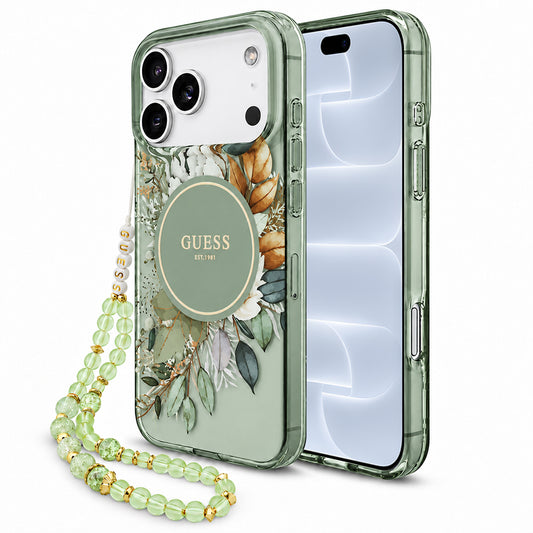 Capa MagSafe para Apple iPhone 18 Pro / 17 Pro, Guess, IML Flowers with Pearl Strap, Verde