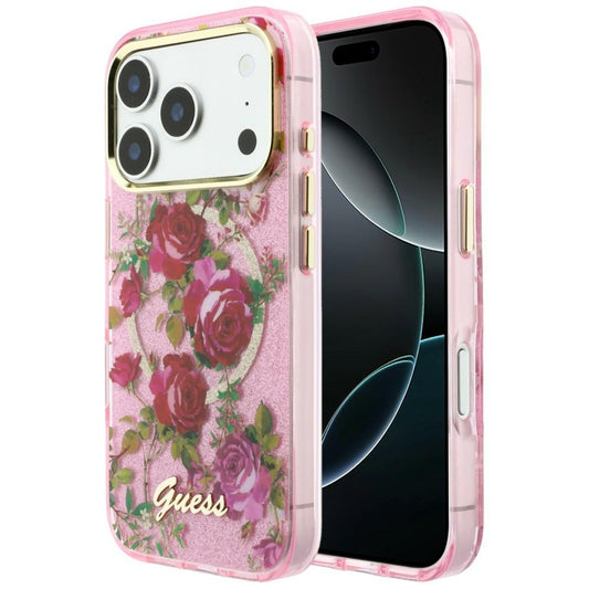 Capa MagSafe para Apple iPhone 18 Pro / 17 Pro, Guess, IML Glitter Blossom Roses, Rosa