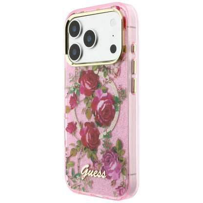 Capa MagSafe para Apple iPhone 18 Pro / 17 Pro, Guess, IML Glitter Blossom Roses, Rosa