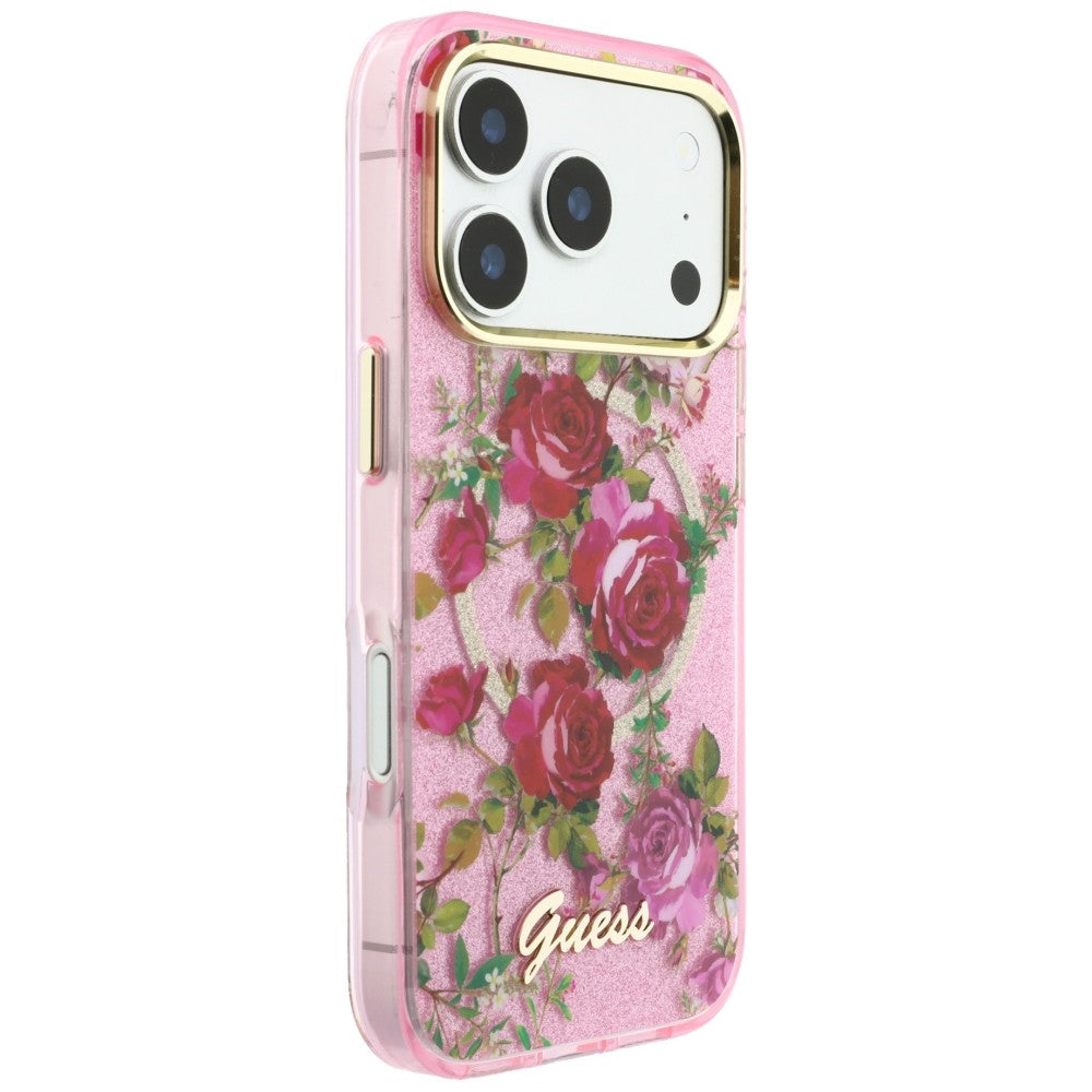 Capa MagSafe para Apple iPhone 18 Pro / 17 Pro, Guess, IML Glitter Blossom Roses, Rosa