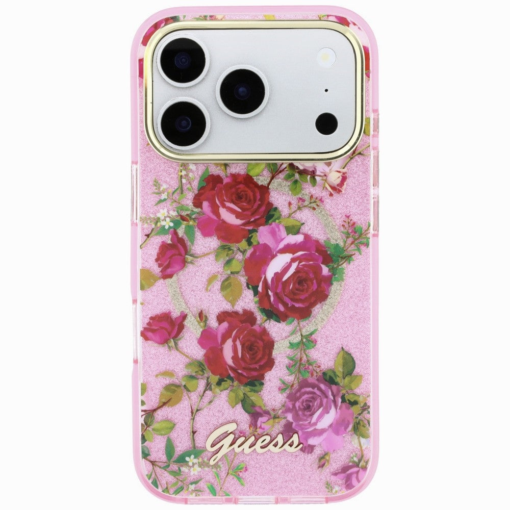 Capa MagSafe para Apple iPhone 18 Pro / 17 Pro, Guess, IML Glitter Blossom Roses, Rosa