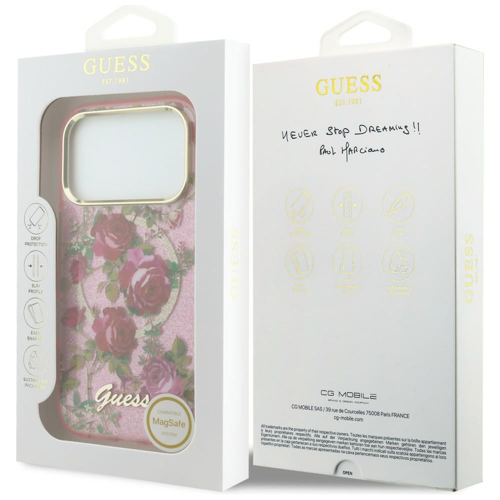 Capa MagSafe para Apple iPhone 18 Pro / 17 Pro, Guess, IML Glitter Blossom Roses, Rosa