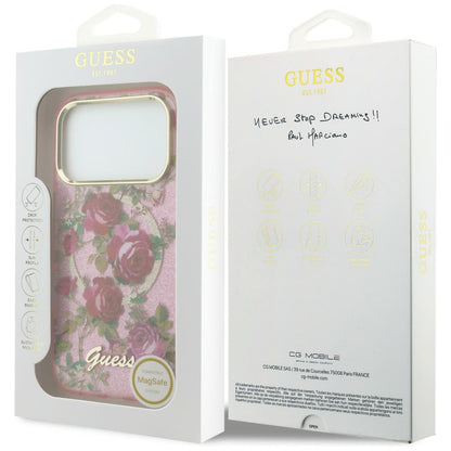 Capa MagSafe para Apple iPhone 18 Pro / 17 Pro, Guess, IML Glitter Blossom Roses, Rosa