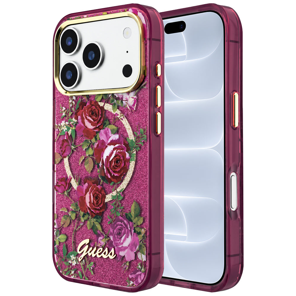 Capa MagSafe para Apple iPhone 18 Pro / 17 Pro, Guess, IML Glitter Blossom Roses, Vinho