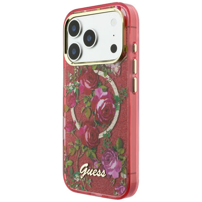 Capa MagSafe para Apple iPhone 18 Pro / 17 Pro, Guess, IML Glitter Blossom Roses, Vinho