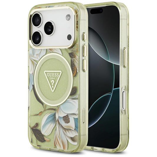 Capa MagSafe para Apple iPhone 18 Pro / 17 Pro, Guess, IML Metal Glitter Flowers Triangle, Verde