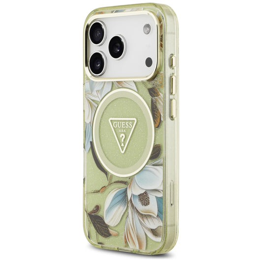 Capa MagSafe para Apple iPhone 18 Pro / 17 Pro, Guess, IML Metal Glitter Flowers Triangle, Verde