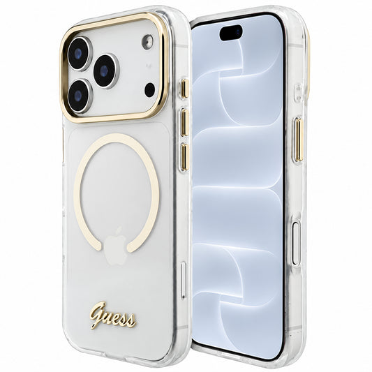 Capa MagSafe para Apple iPhone 18 Pro / 17 Pro, Guess, IML Script Metal, Transparente