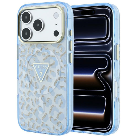 Capa MagSafe para Apple iPhone 18 Pro / 17 Pro, Guess, Logótipo Triângulo com Brilho Leopardo, Azul