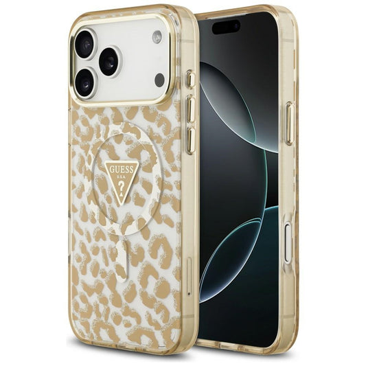 Capa MagSafe para Apple iPhone 18 Pro / 17 Pro, Guess, Logótipo Triângulo com Brilhos Leopardo, Castanha