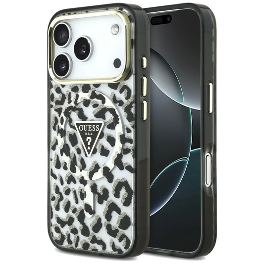 Capa MagSafe para Apple iPhone 18 Pro / 17 Pro, Guess, Logo Triângulo Glitter Leopardo, Preta