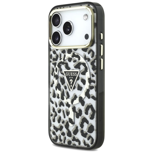 Capa MagSafe para Apple iPhone 18 Pro / 17 Pro, Guess, Logo Triângulo Glitter Leopardo, Preta