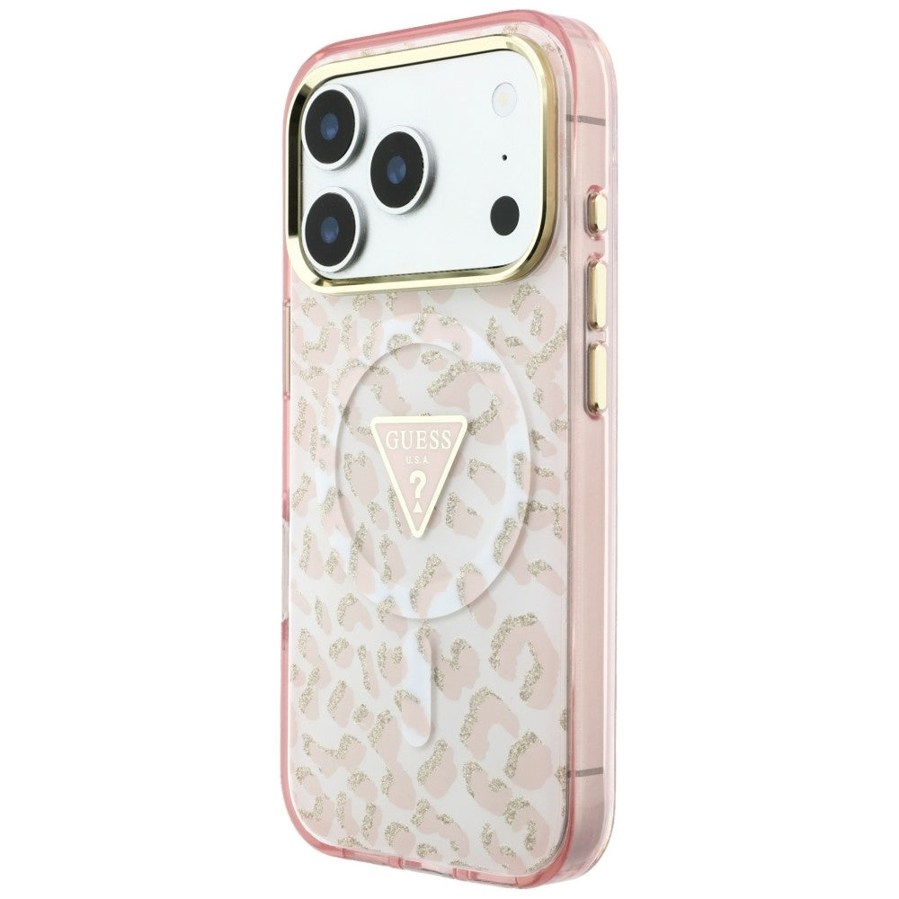 Capa MagSafe para Apple iPhone 18 Pro / 17 Pro, Guess, Logótipo Triângulo com Brilho Leopardo, Rosa