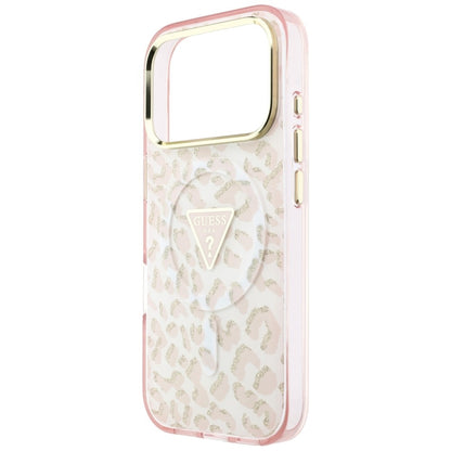 Capa MagSafe para Apple iPhone 18 Pro / 17 Pro, Guess, Logótipo Triângulo com Brilho Leopardo, Rosa
