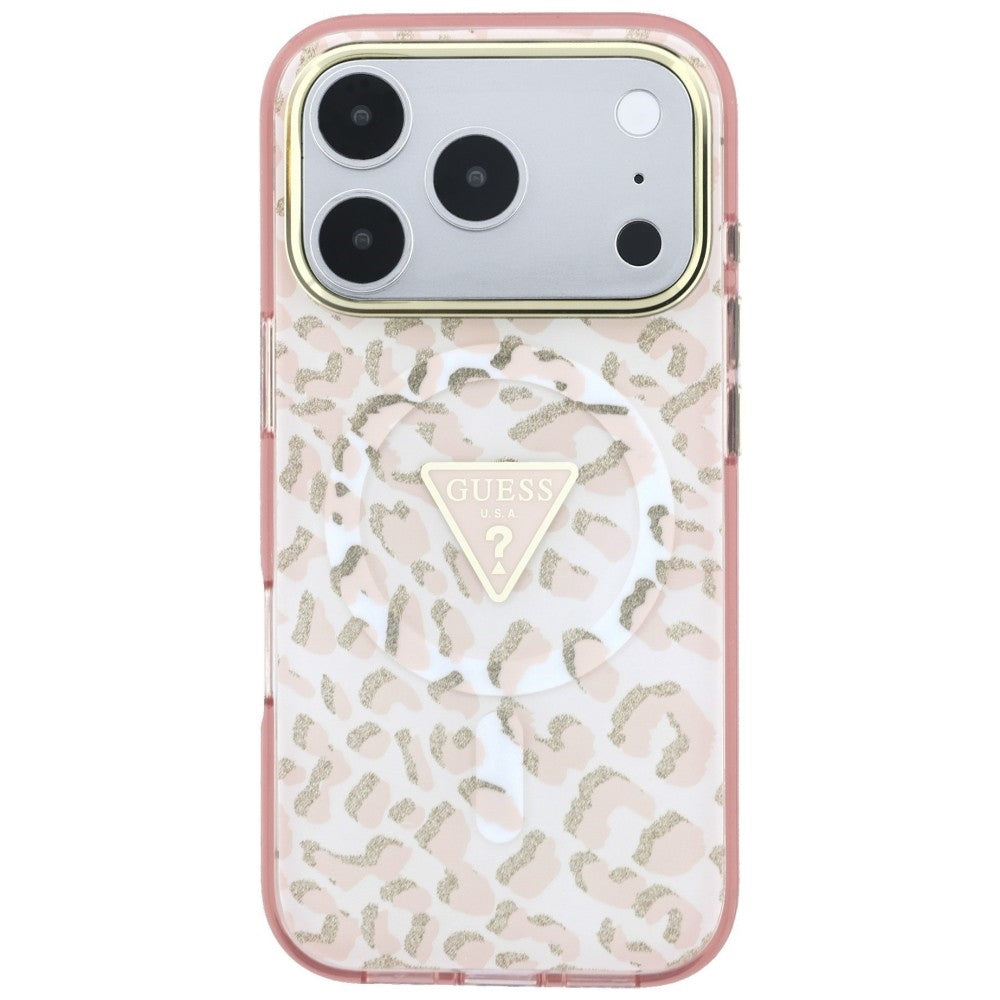 Capa MagSafe para Apple iPhone 18 Pro / 17 Pro, Guess, Logótipo Triângulo com Brilho Leopardo, Rosa