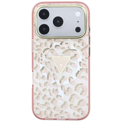 Capa MagSafe para Apple iPhone 18 Pro / 17 Pro, Guess, Logótipo Triângulo com Brilho Leopardo, Rosa