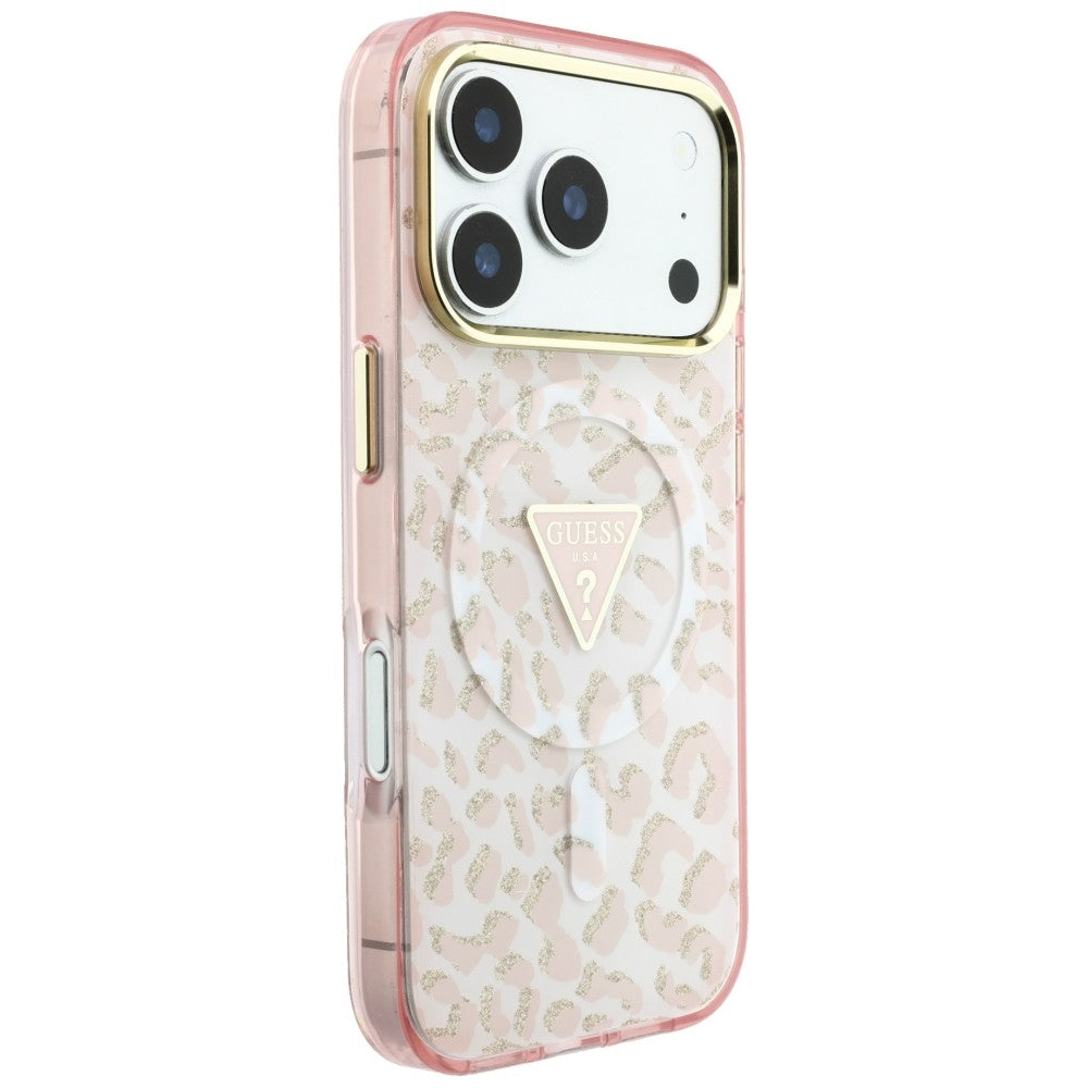 Capa MagSafe para Apple iPhone 18 Pro / 17 Pro, Guess, Logótipo Triângulo com Brilho Leopardo, Rosa