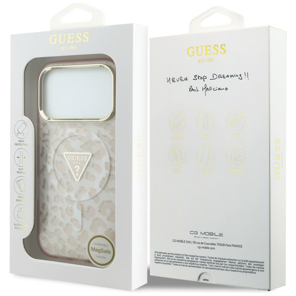 Capa MagSafe para Apple iPhone 18 Pro / 17 Pro, Guess, Logótipo Triângulo com Brilho Leopardo, Rosa