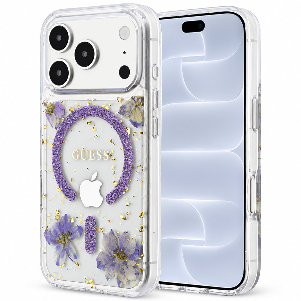 Capa MagSafe para Apple iPhone 18 Pro / 17 Pro, Guess, Flores de Resina e Brilho, Roxo