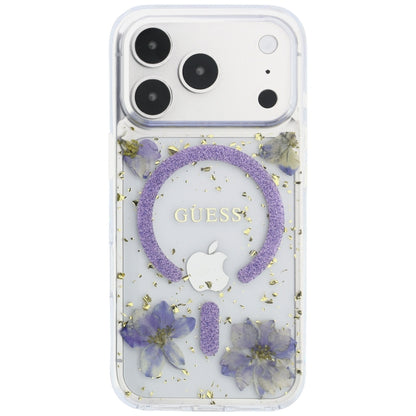 Capa MagSafe para Apple iPhone 18 Pro / 17 Pro, Guess, Flores de Resina e Brilho, Roxo