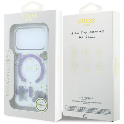 Capa MagSafe para Apple iPhone 18 Pro / 17 Pro, Guess, Flores de Resina e Brilho, Roxo