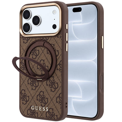 Capa MagSafe para Apple iPhone 18 Pro / 17 Pro, Guess, Ring Stand 360 4G Classic Logo, Castanha