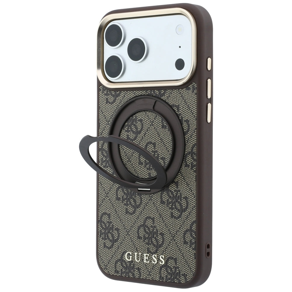 Capa MagSafe para Apple iPhone 18 Pro / 17 Pro, Guess, Ring Stand 360 4G Classic Logo, Castanha
