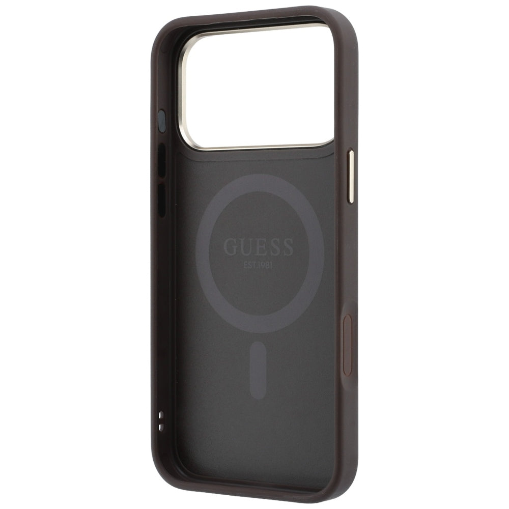 Capa MagSafe para Apple iPhone 18 Pro / 17 Pro, Guess, Ring Stand 360 4G Classic Logo, Castanha