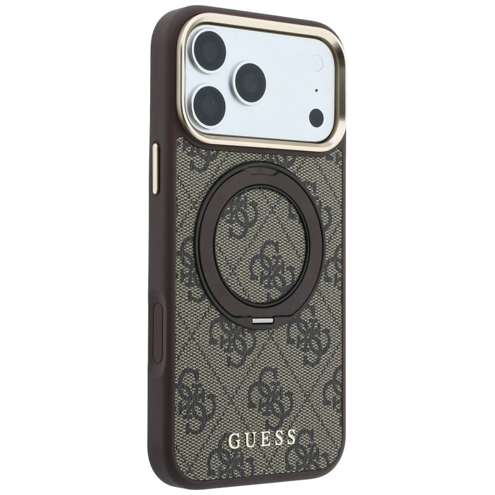 Capa MagSafe para Apple iPhone 18 Pro / 17 Pro, Guess, Ring Stand 360 4G Classic Logo, Castanha