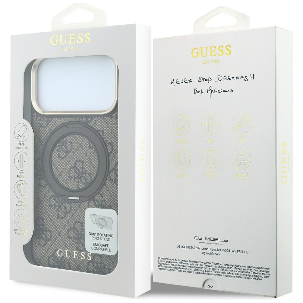 Capa MagSafe para Apple iPhone 18 Pro / 17 Pro, Guess, Ring Stand 360 4G Classic Logo, Castanha