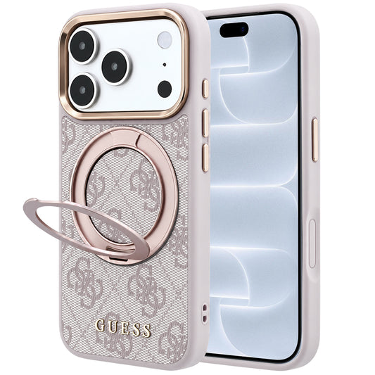Capa MagSafe para Apple iPhone 18 Pro / 17 Pro, Guess, Ring Stand 360 4G Classic Logo, Rosa