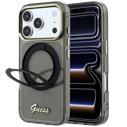 Capa MagSafe para Apple iPhone 18 Pro / 17 Pro, Guess, Suporte de Anel Script Metal Logo, Preta