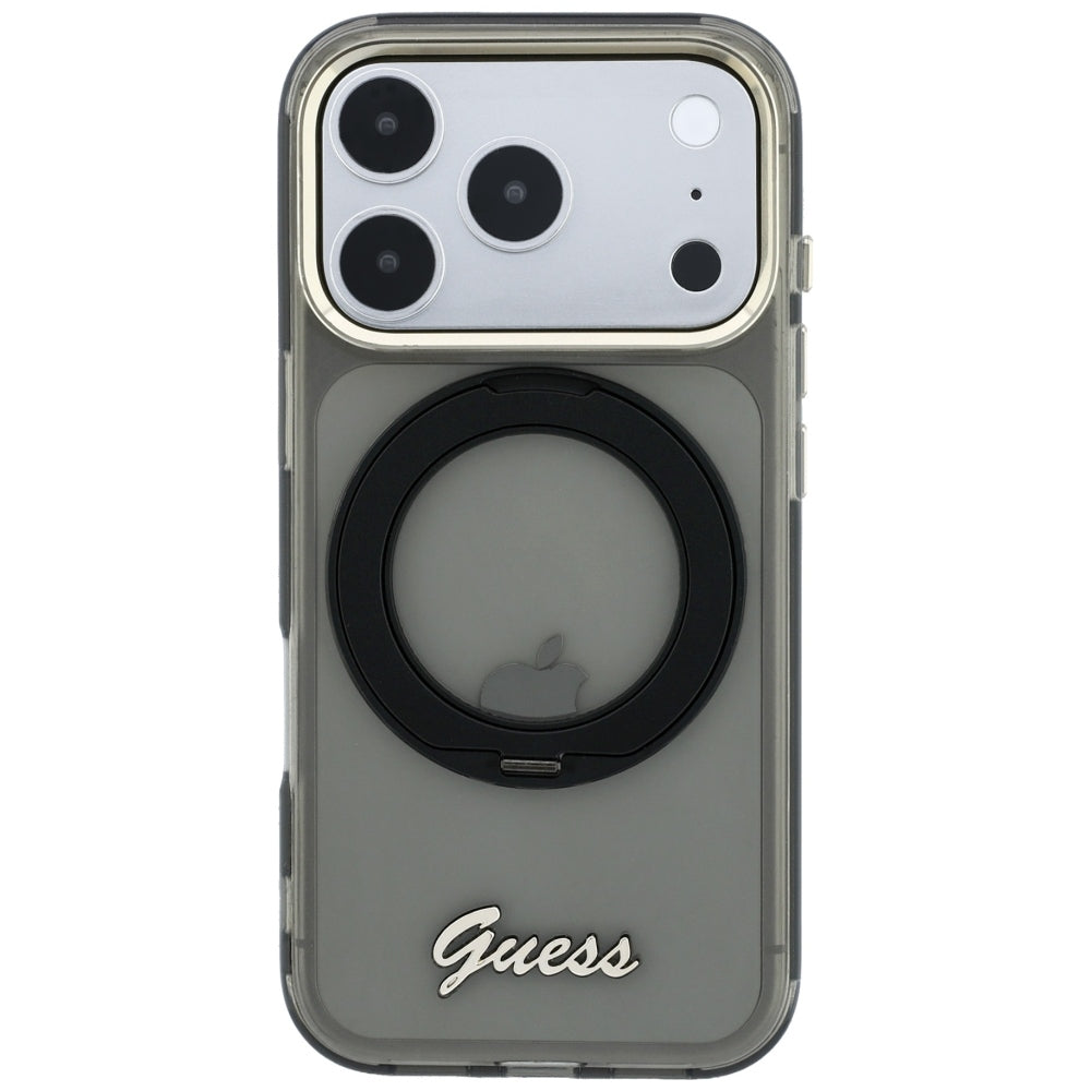 Capa MagSafe para Apple iPhone 18 Pro / 17 Pro, Guess, Suporte de Anel Script Metal Logo, Preta