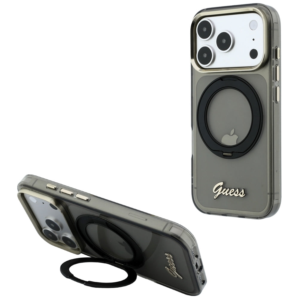 Capa MagSafe para Apple iPhone 18 Pro / 17 Pro, Guess, Suporte de Anel Script Metal Logo, Preta