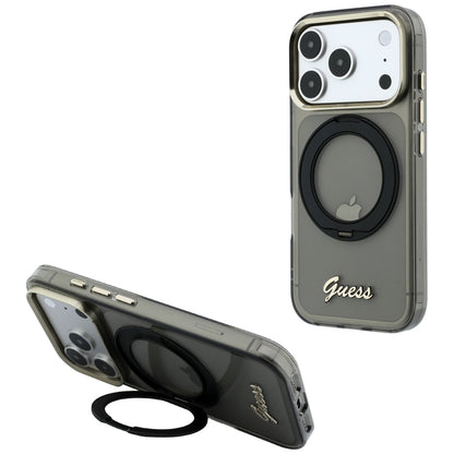 Capa MagSafe para Apple iPhone 18 Pro / 17 Pro, Guess, Suporte de Anel Script Metal Logo, Preta