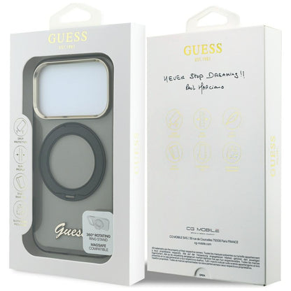 Capa MagSafe para Apple iPhone 18 Pro / 17 Pro, Guess, Suporte de Anel Script Metal Logo, Preta