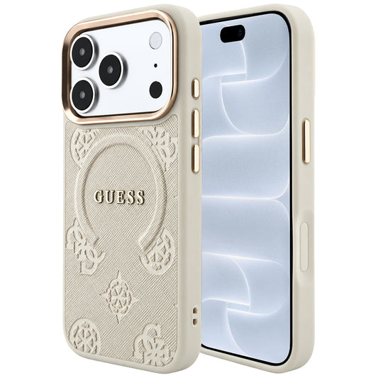 Capa MagSafe para Apple iPhone 18 Pro / 17 Pro, Guess, Saffiano Peony Ring, Bege