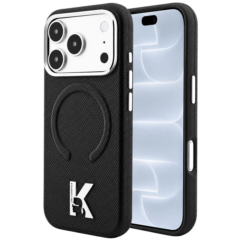Capa MagSafe para Apple iPhone 18 Pro / 17 Pro, Karl Lagerfeld, Anel Gravado Granulado, Preto