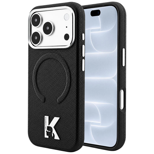 Capa MagSafe para Apple iPhone 18 Pro / 17 Pro, Karl Lagerfeld, Anel Gravado Granulado, Preto