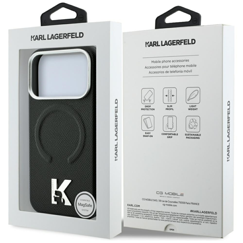 Capa MagSafe para Apple iPhone 18 Pro / 17 Pro, Karl Lagerfeld, Anel Gravado Granulado, Preto