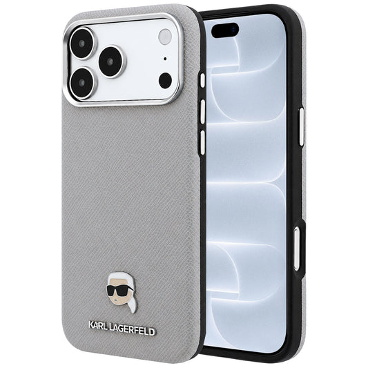 Capa MagSafe para Apple iPhone 18 Pro / 17 Pro, Karl Lagerfeld, Metal Texturizado Karl Head, Cinzento