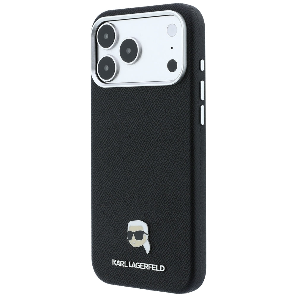 Capa MagSafe para Apple iPhone 18 Pro / 17 Pro, Karl Lagerfeld, Metal com Textura da Cabeça de Karl, Preta