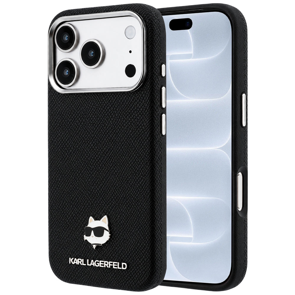 Capa MagSafe para Apple iPhone 18 Pro / 17 Pro, Karl Lagerfeld, Metal com Textura da Cabeça de Karl, Preta