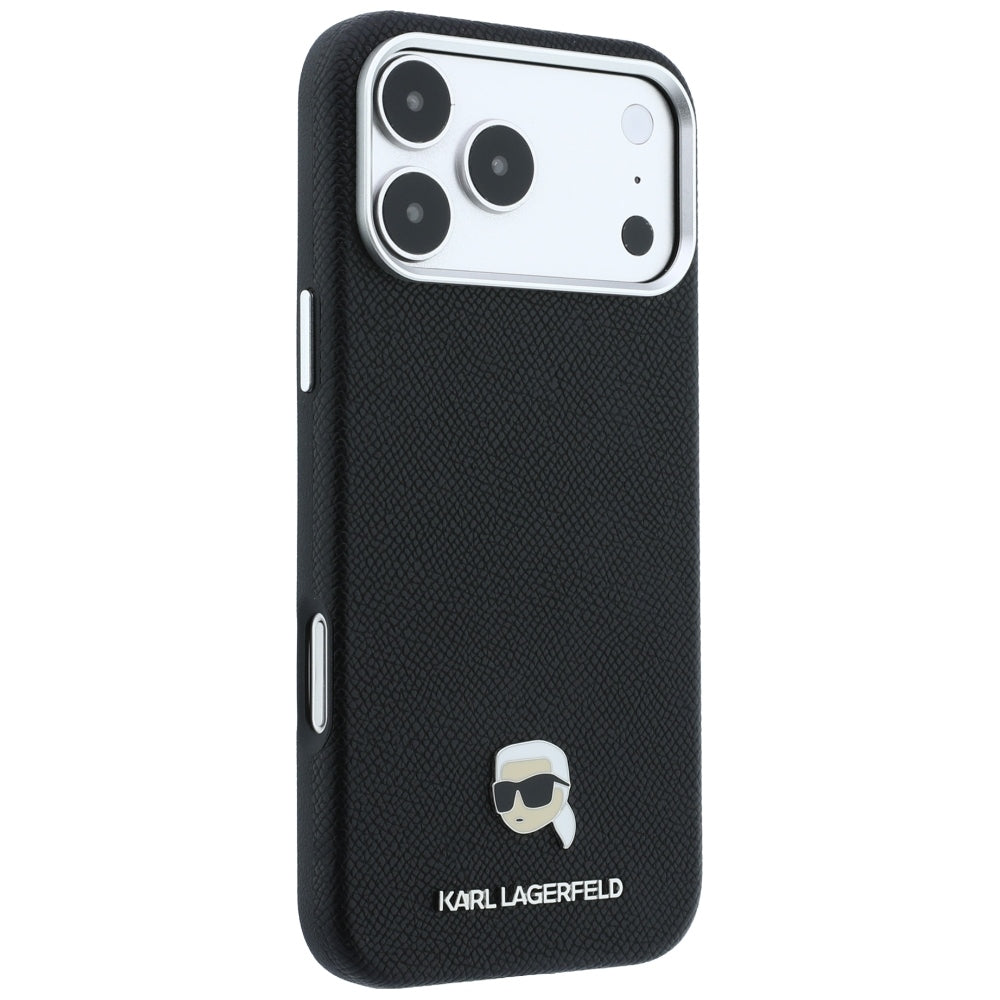 Capa MagSafe para Apple iPhone 18 Pro / 17 Pro, Karl Lagerfeld, Metal com Textura da Cabeça de Karl, Preta