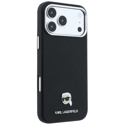 Capa MagSafe para Apple iPhone 18 Pro / 17 Pro, Karl Lagerfeld, Metal com Textura da Cabeça de Karl, Preta