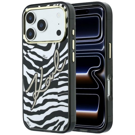 Capa MagSafe para Apple iPhone 18 Pro / 17 Pro, Karl Lagerfeld, HC IML Signature Zebra Glitter Gold, Preta