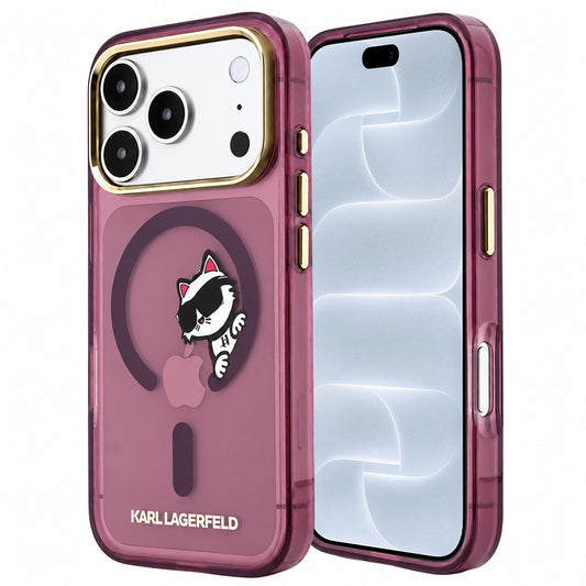 Capa MagSafe para Apple iPhone 18 Pro / 17 Pro, Karl Lagerfeld, IML Peekaboo Print and Metal Frame, cor de vinho