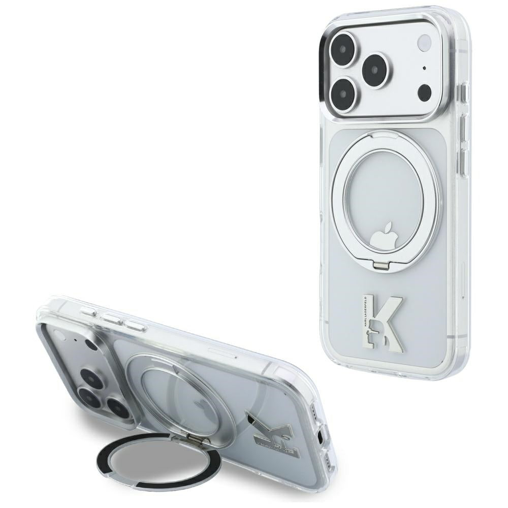 Capa MagSafe para Apple iPhone 18 Pro / 17 Pro, Karl Lagerfeld, Suporte de Anel IML Kameo Metal, Transparente