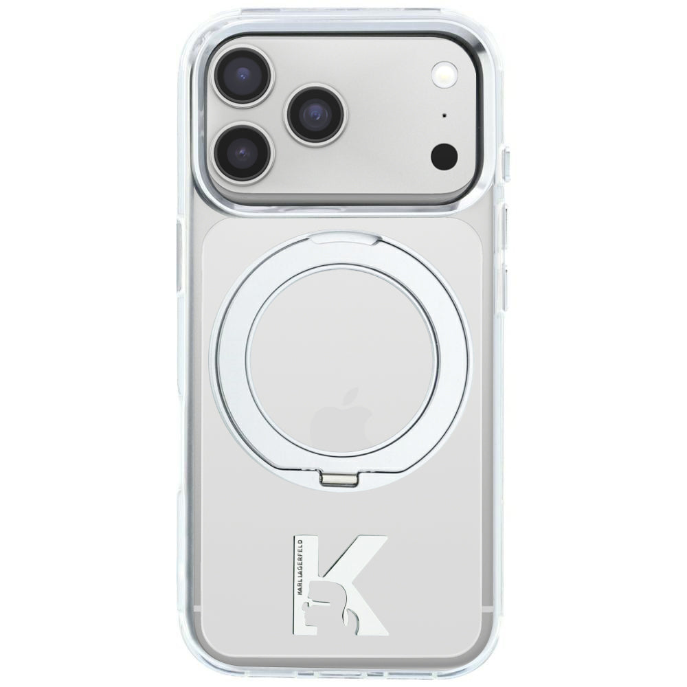 Capa MagSafe para Apple iPhone 18 Pro / 17 Pro, Karl Lagerfeld, Suporte de Anel IML Kameo Metal, Transparente