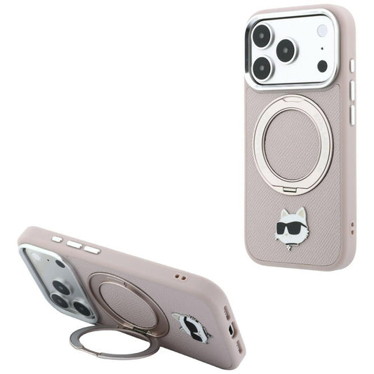 Capa MagSafe para Apple iPhone 18 Pro / 17 Pro, Karl Lagerfeld, Ring Stand 360 Choupette Pin, Rosa